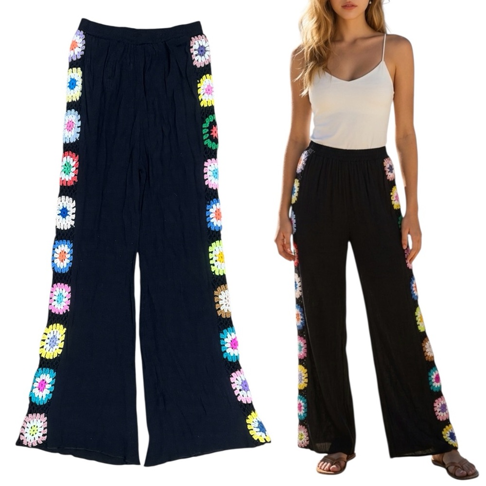 NWOT Black w/ Multicolor Flower Crochet Squares Viscose Flowy Flare Pants